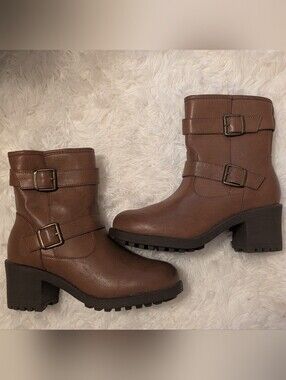 Karlie Brown Double-Buckle Lug-Ankle Boots